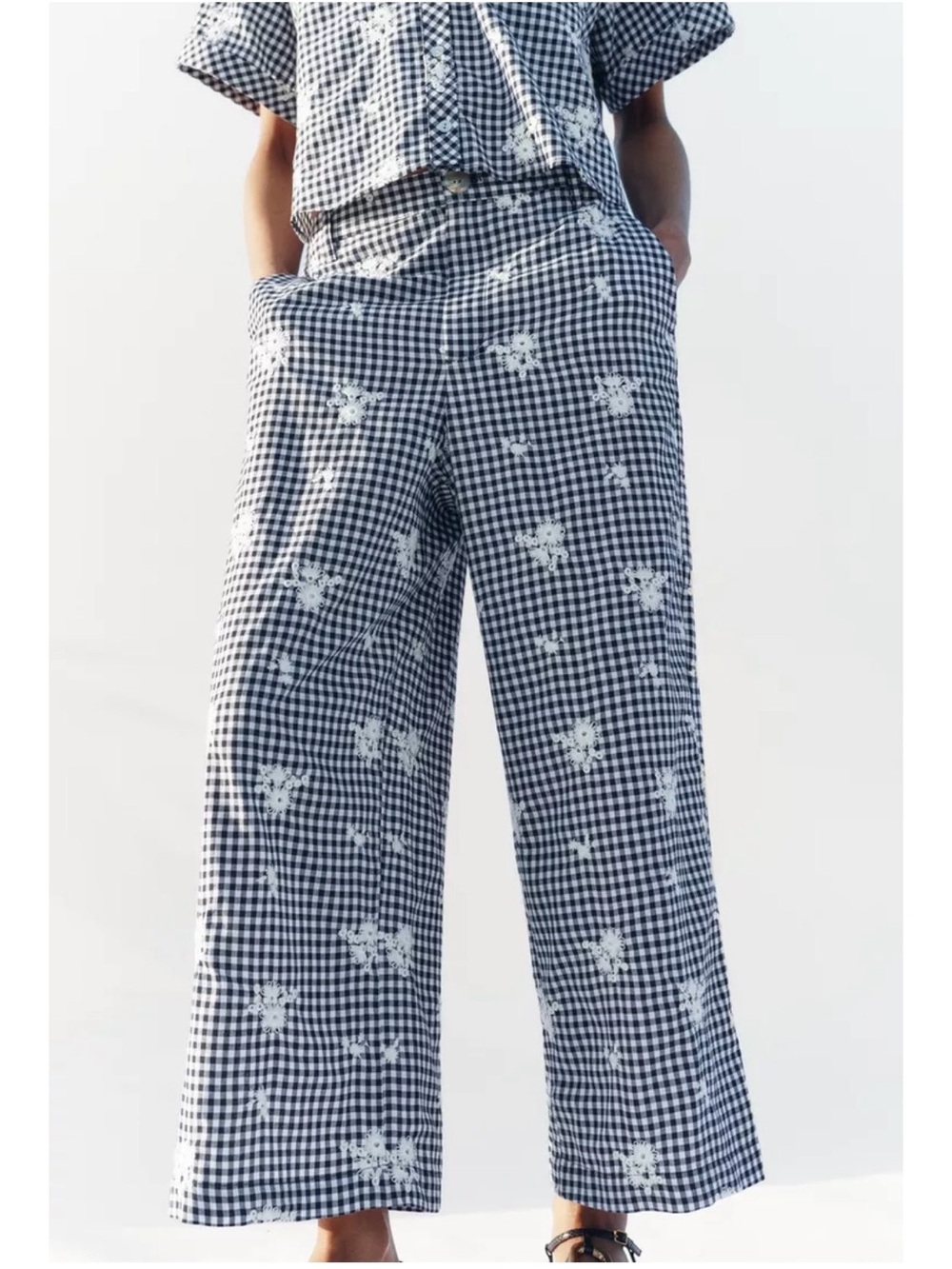 Zara Gingham Wide-Leg Pants with White Floral Embroidery